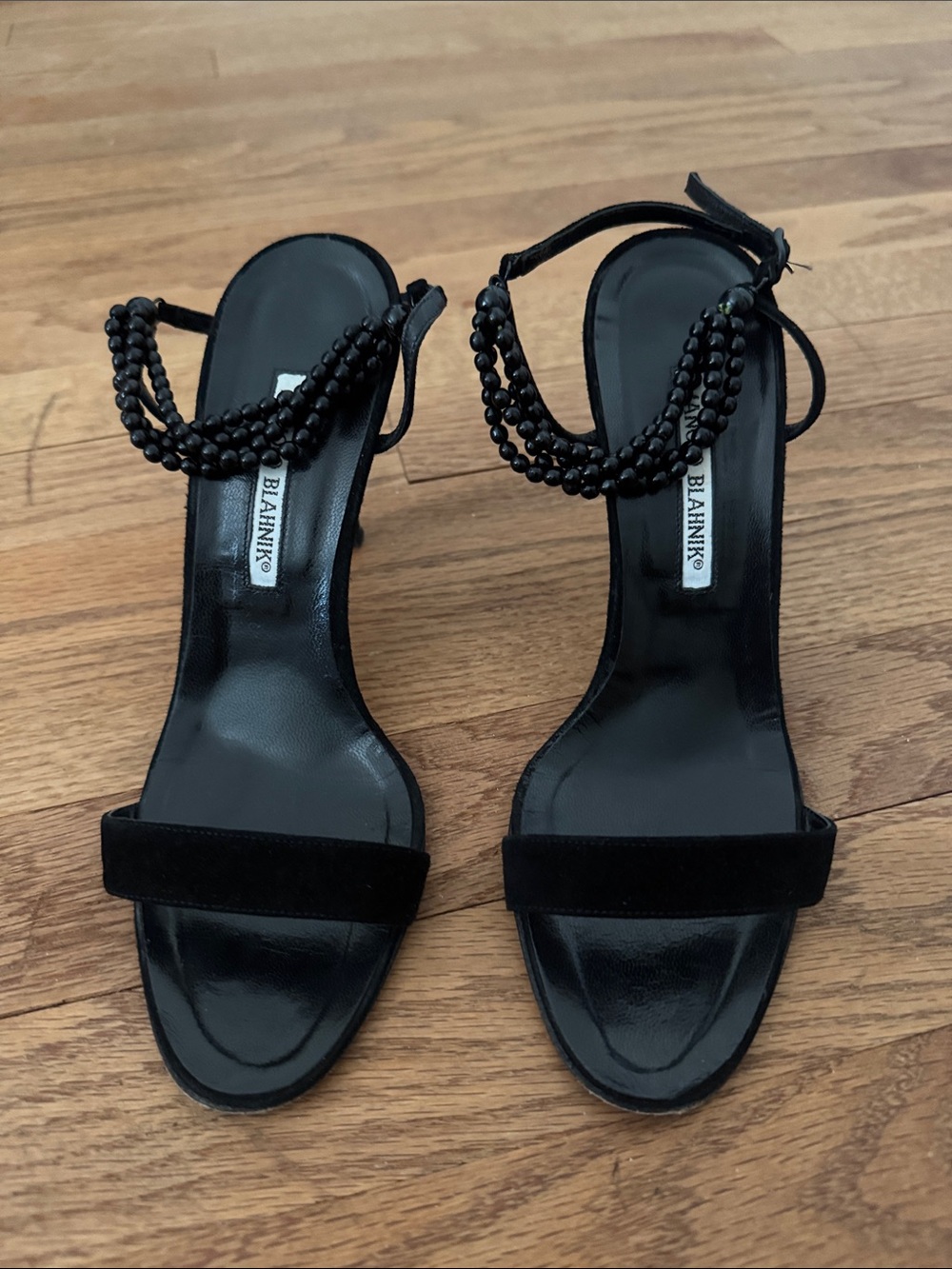 Vintage Manolo Blahnik Black Beaded Ankle-Strap Toe Sandal